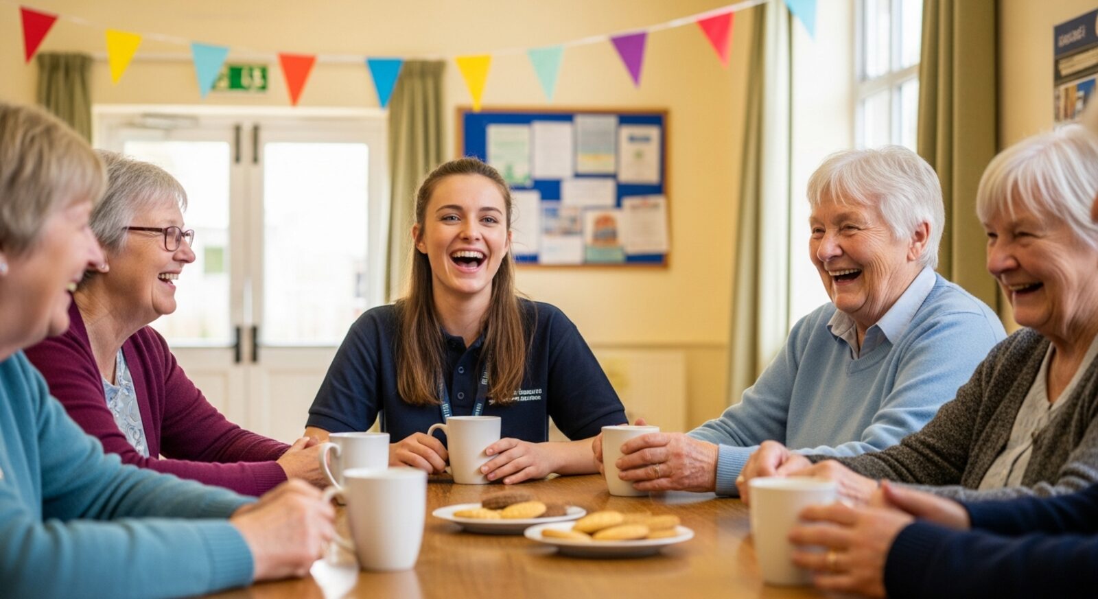 Neighbours sharing tea and a laugh at a community coffee morning