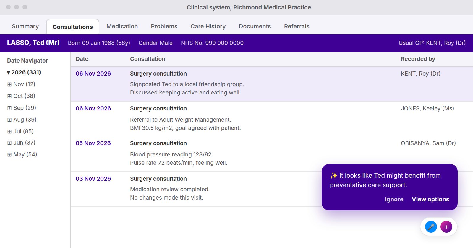 Illustration of an EMIS Web consultation screen with the Joy widget suggesting preventative care options for a fictional patient