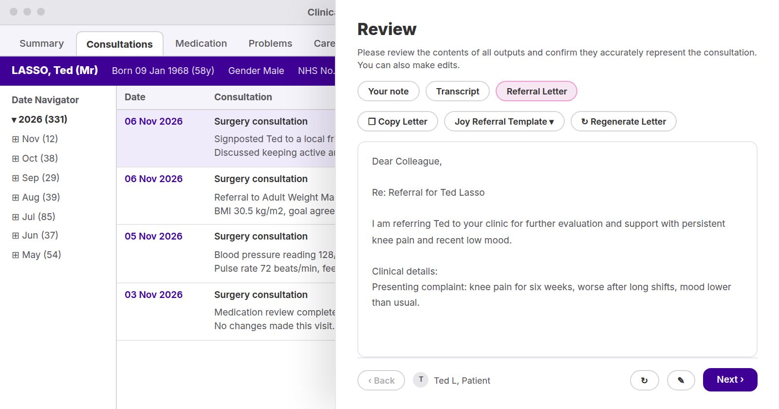 Illustration of the JoyNotes review screen inside EMIS showing a drafted referral letter for a fictional patient, ready to edit before saving