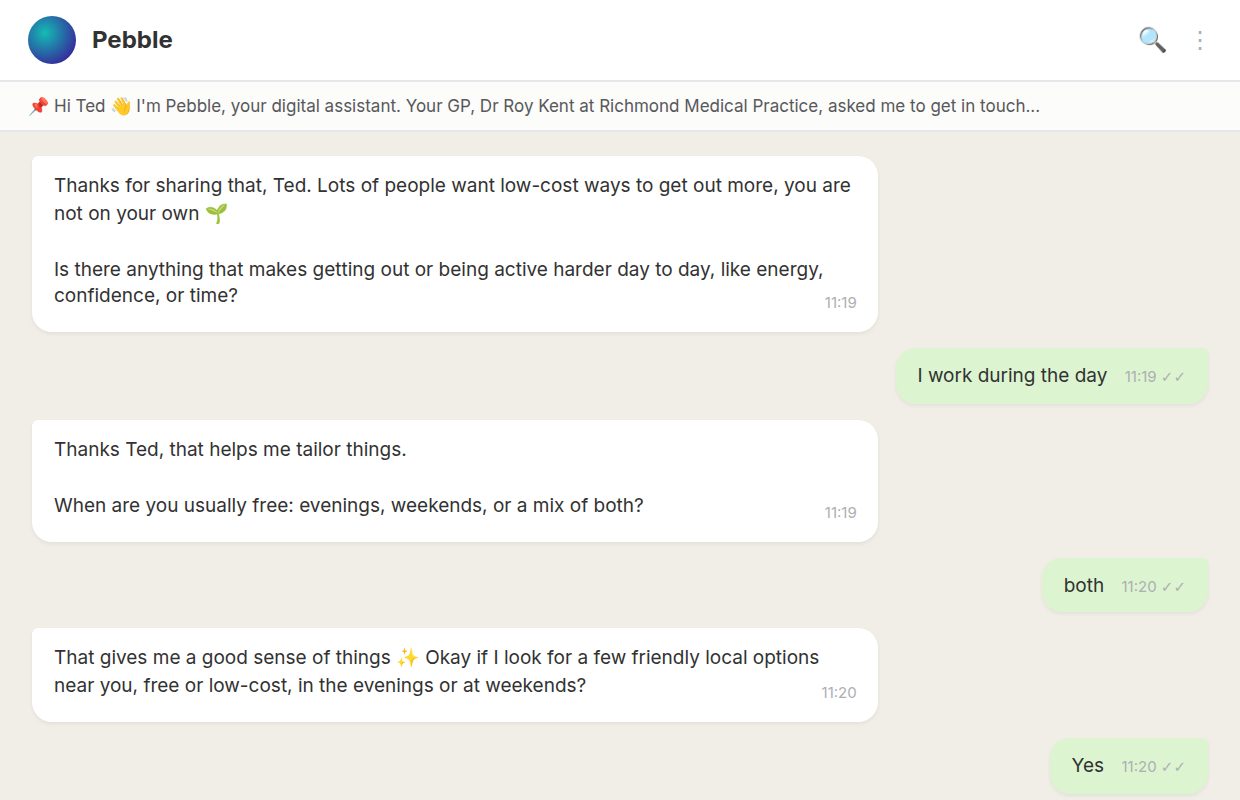 Illustration of a WhatsApp conversation where Joy Chat asks a person about their days and availability before finding local options