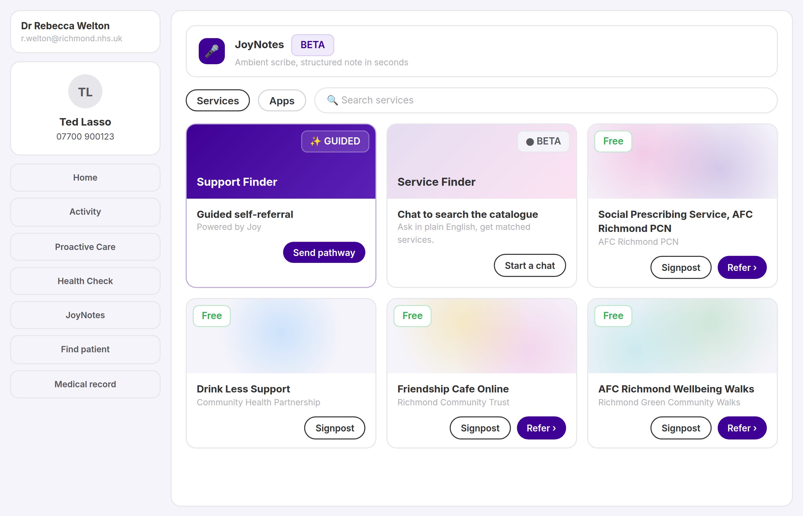 Illustration of the Joy widget service catalogue with Support Finder, Service Finder, and local community services ready to refer or signpost