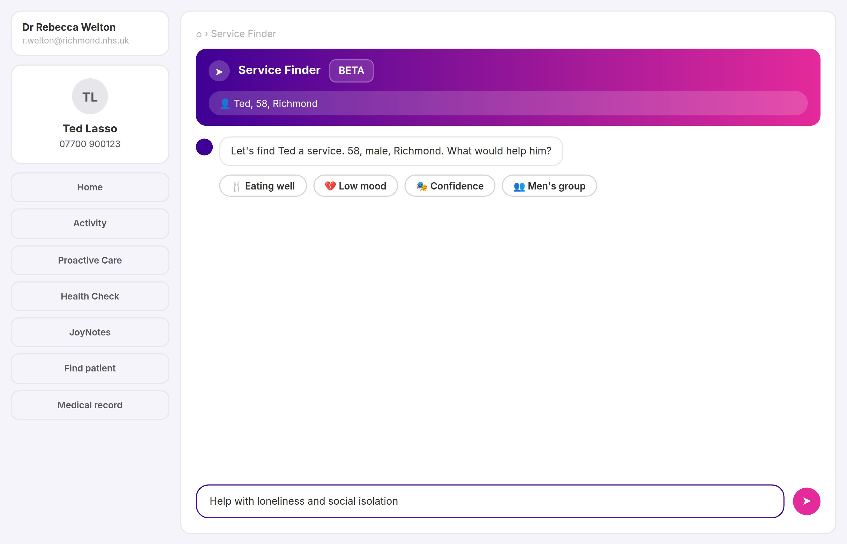 Illustration of the Joy Service Finder chat interface with suggested topics including low mood, caring, and men's group