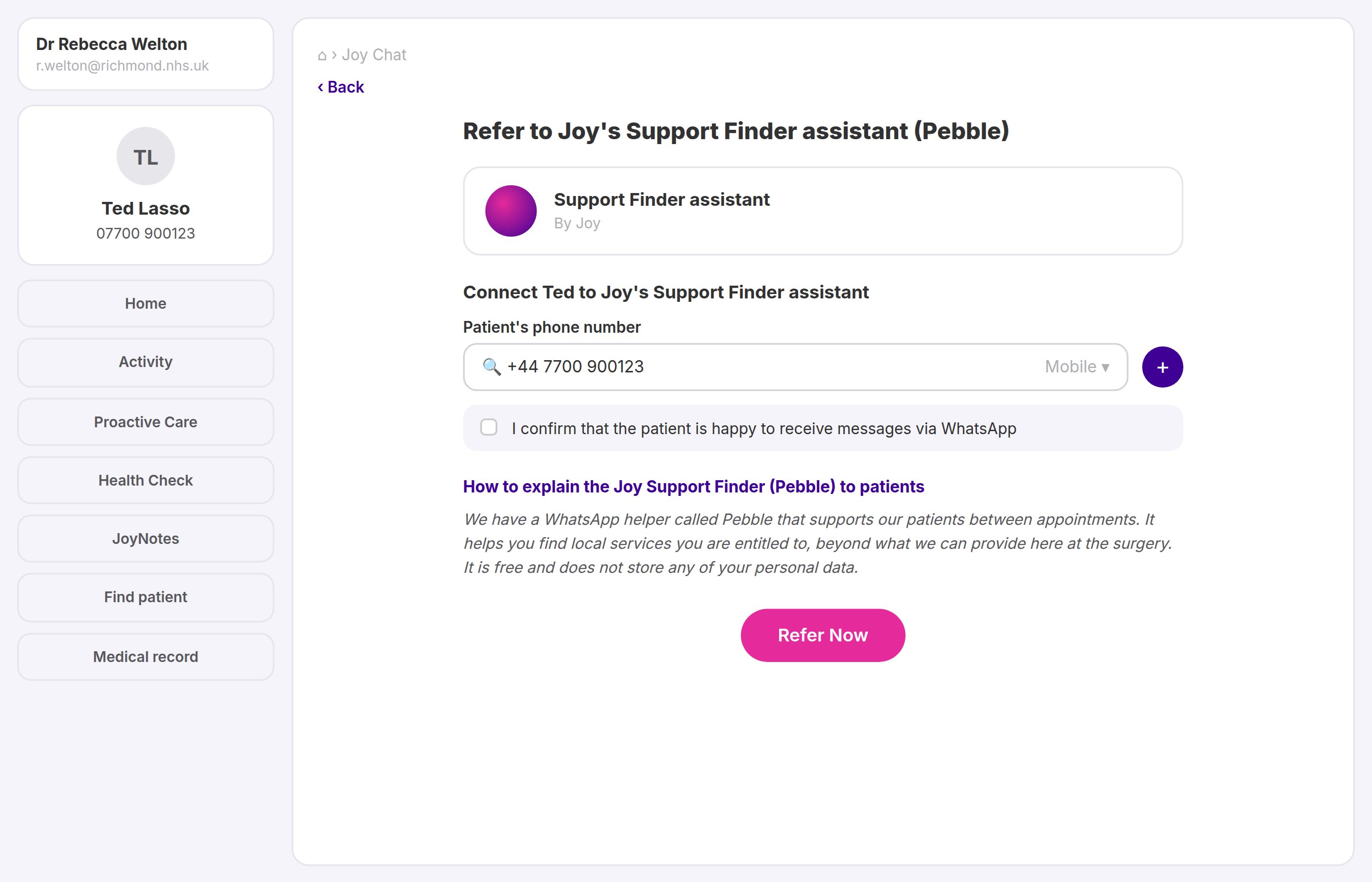 Illustration of the Joy Support Finder pathway screen showing the Joy Chat WhatsApp referral form with phone number and consent confirmation