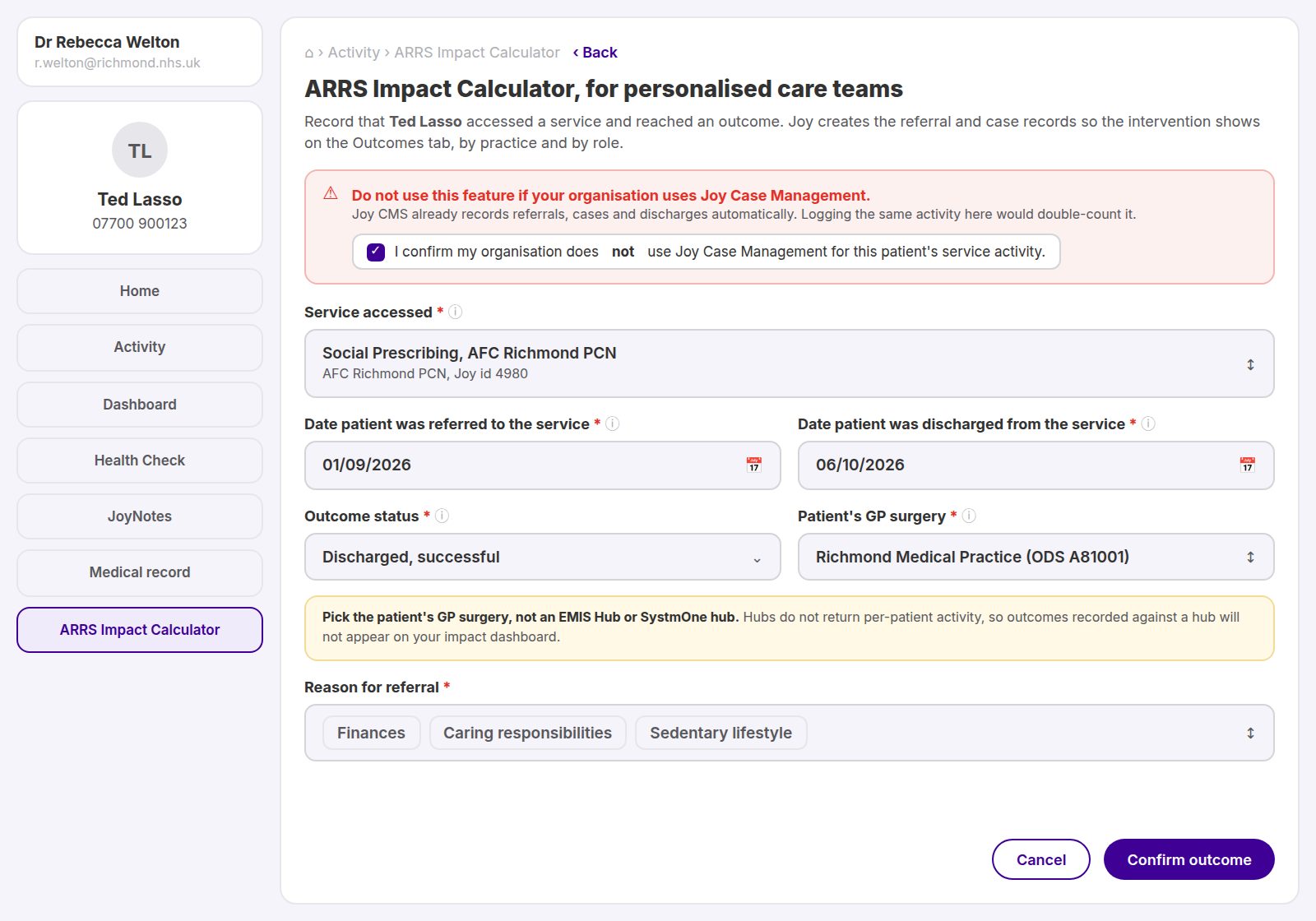 The ARRS Impact Calculator in Joy: a link worker records the service a patient accessed, the dates, the outcome and the patient's GP surgery