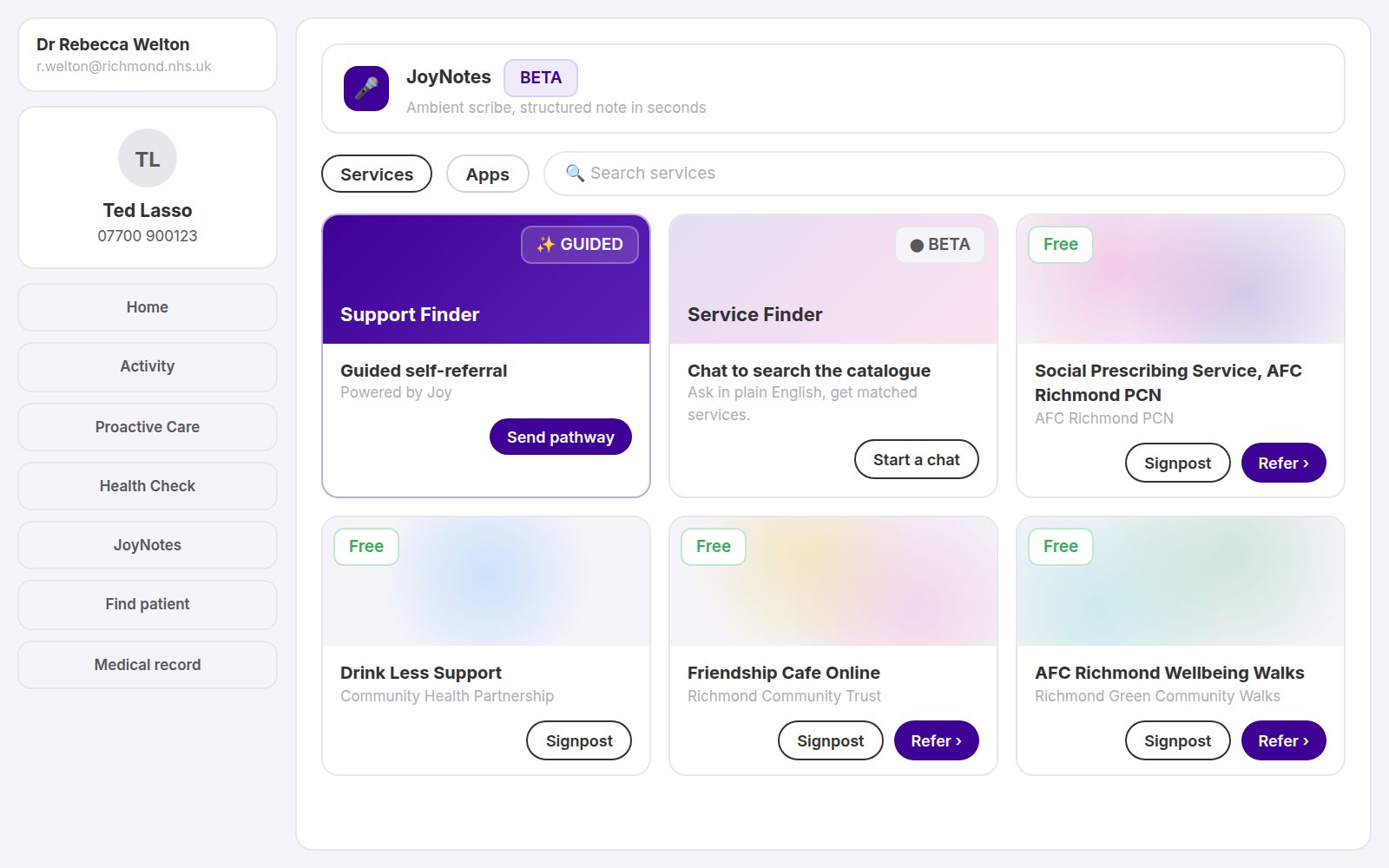 Illustration of the JoyConnect home screen showing the services catalogue with Support Finder, Service Finder chat and local service tiles with Signpost and Refer buttons