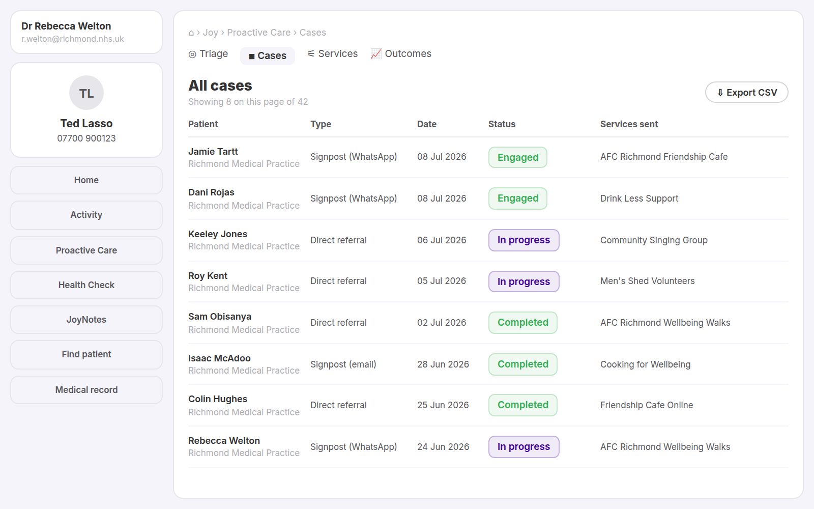Illustration of the JoyConnect proactive care cases table showing fictional patients, referral status and services sent