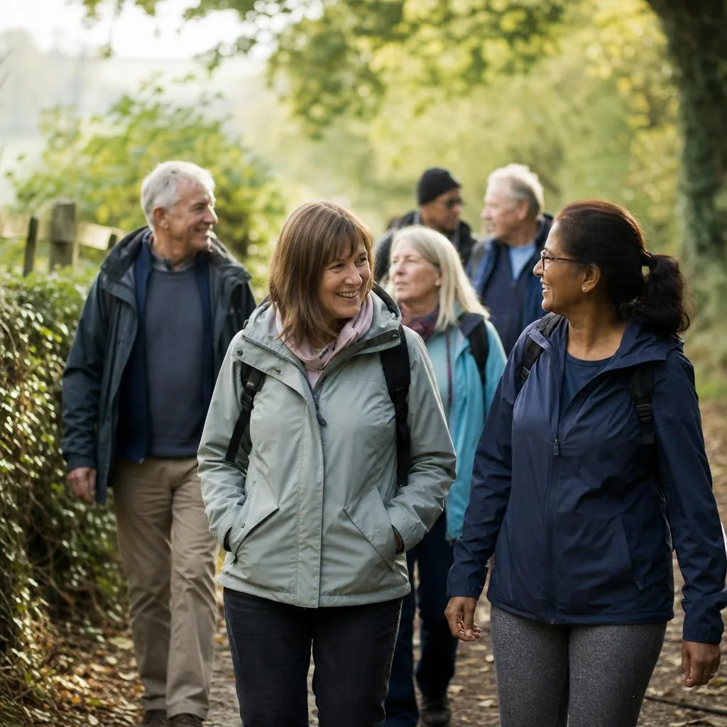 A small walking group on a countryside footpath, a woman in her fifties chatting as they walk