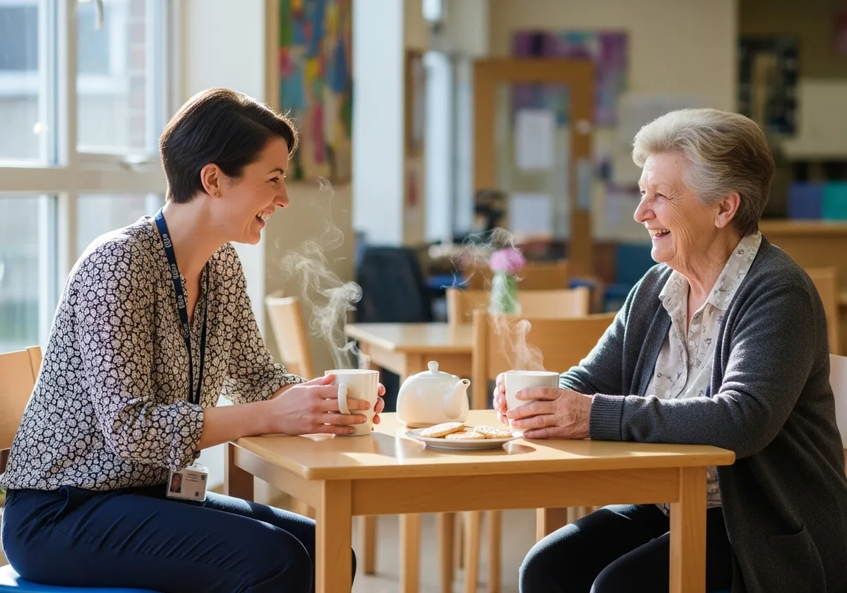 A link worker and an older woman laughing together over tea in a community centre